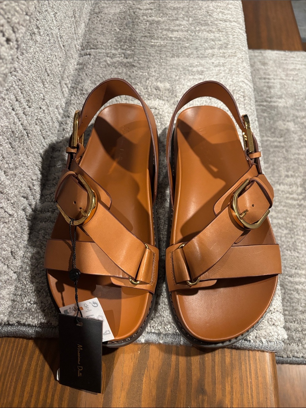 Massimo Dutti Tan Leather Buckle Slide Sandals size 8